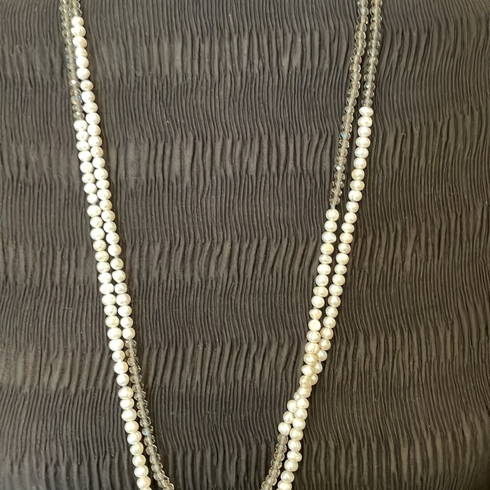 Fresh Water Pearl/Amber Crystal/ Rhinestone Quatrefoil Necklace - Picture 6 of 6
